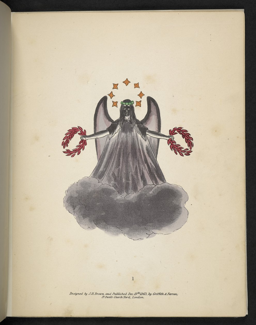 Tallrik 1. En mörk ängel.  Spectropia; eller, överraskande spektrala illusioner som visar spöken överallt, och av vilken färg som helst, etc. ser. 1.  J H. Brun,  1864 av American School