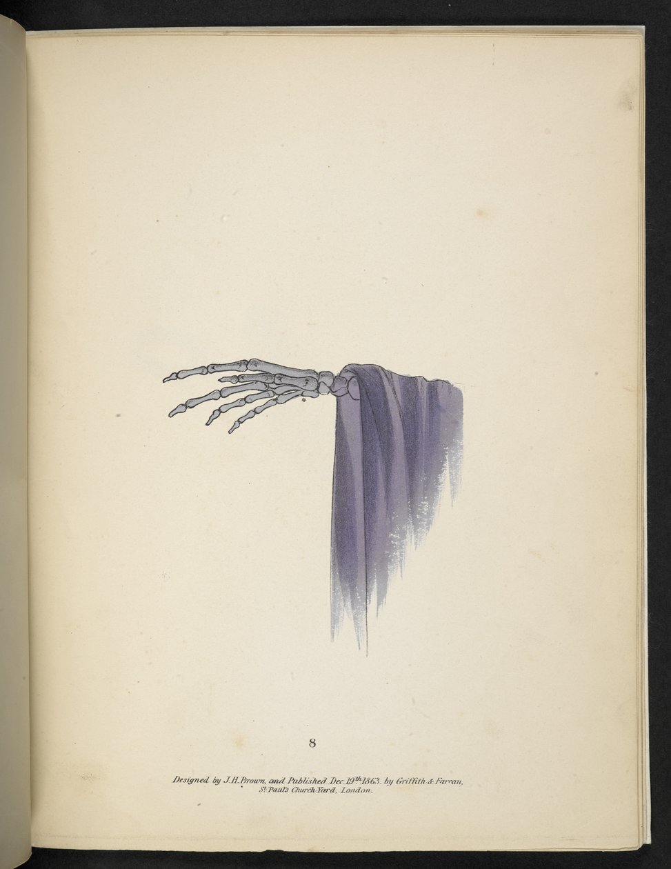 Tallrik 8. En skeletthand.  Spectropia; eller, överraskande spektrala illusioner som visar spöken överallt, och av vilken färg som helst, etc. ser. 1.  J H. Brun  1864 av American School