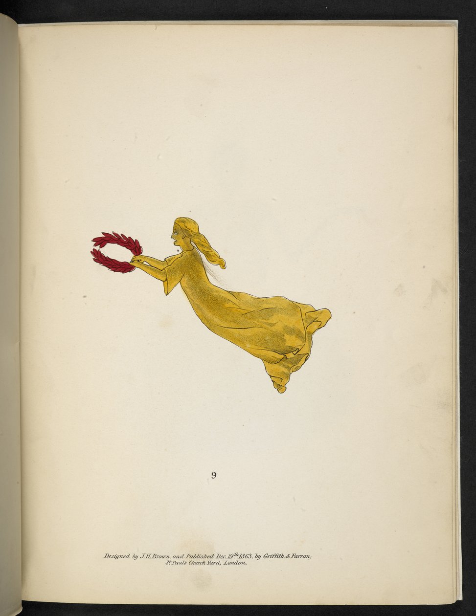 Tallrik 9. Gul figur med en röd krans.  Spectropia; eller, överraskande spektrala illusioner som visar spöken överallt, och av vilken färg som helst, etc. ser. 1.  J H. Brun  1864 av American School