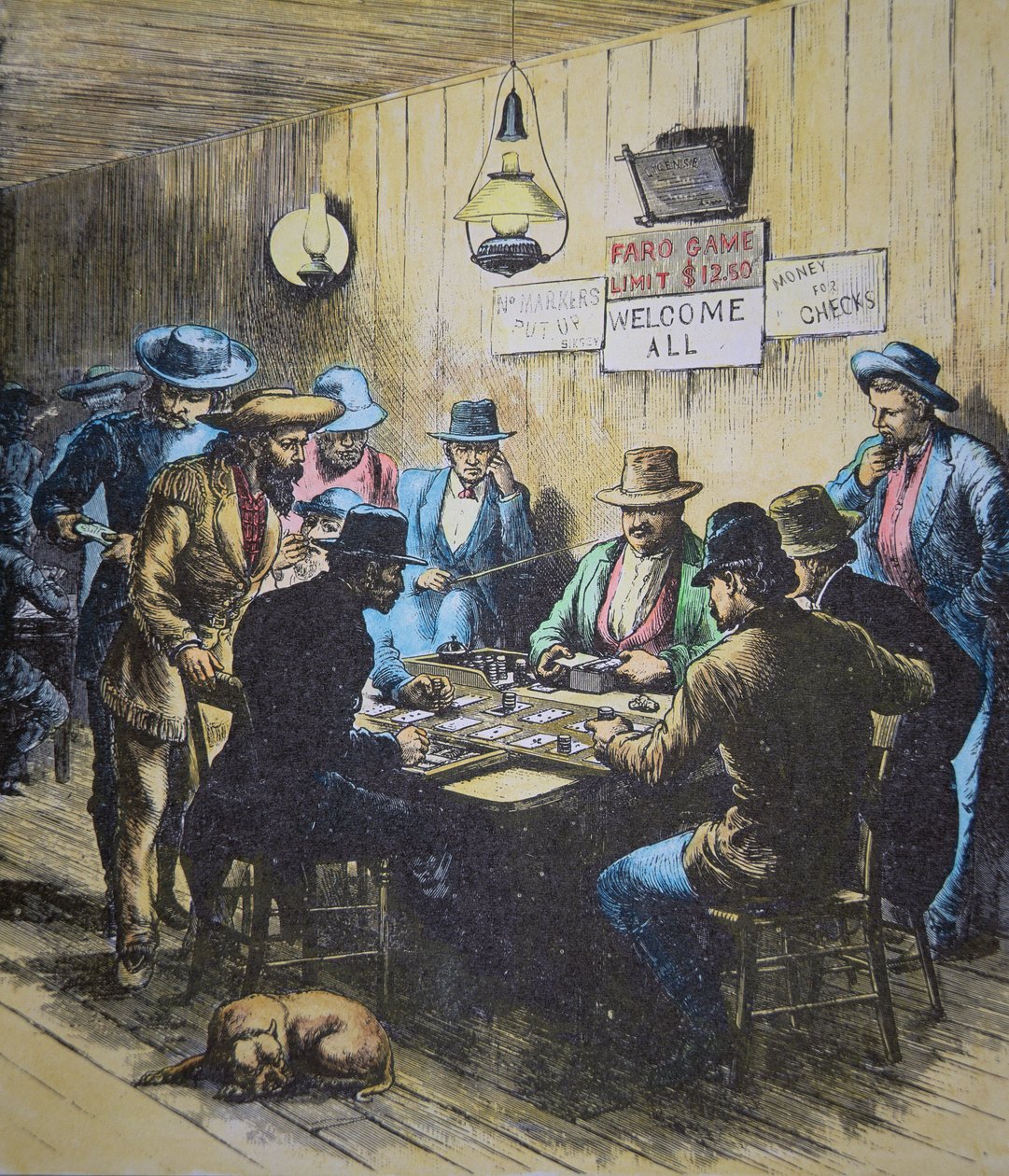 Spelar Faro i en salong i Cheyenne, Wyoming, ca 1870 (färgad gravyr) av American School