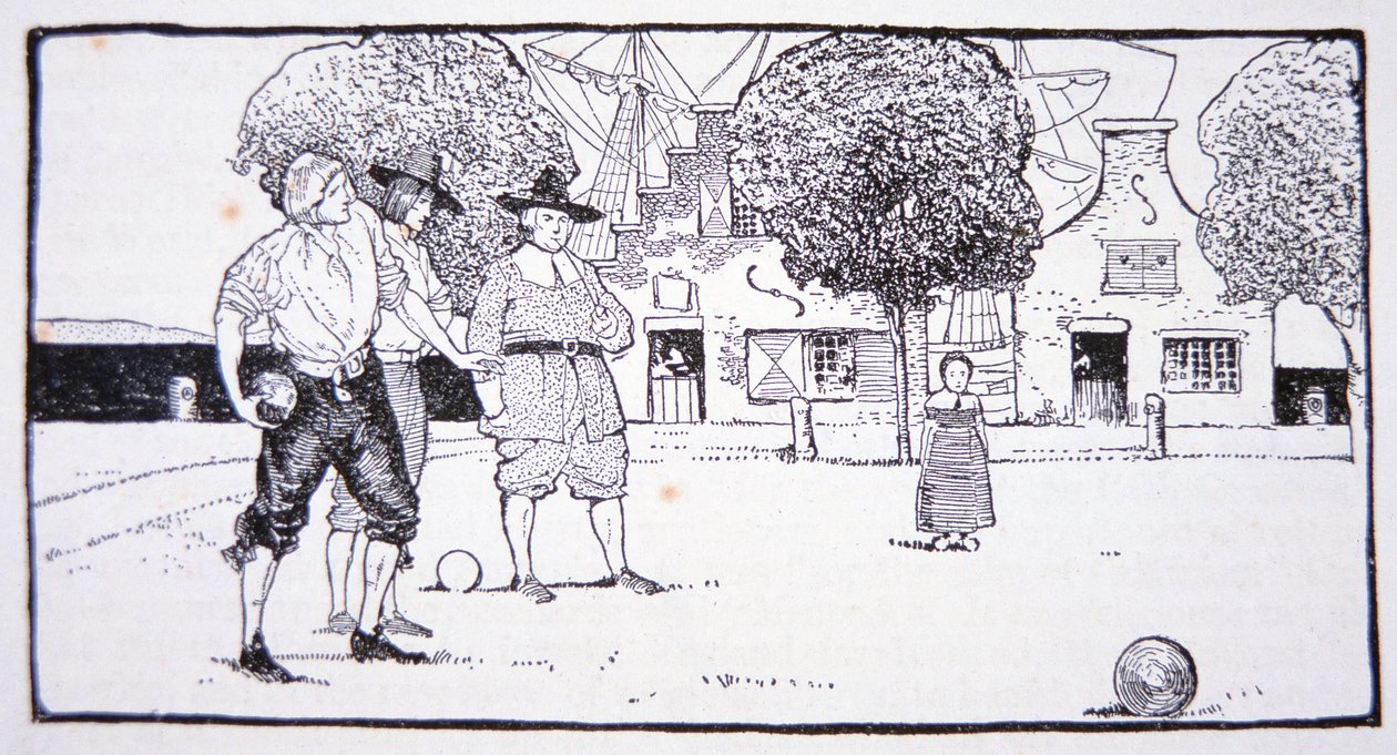 Spela bowls i New Amsterdam på 1600-talet (litho) av American School