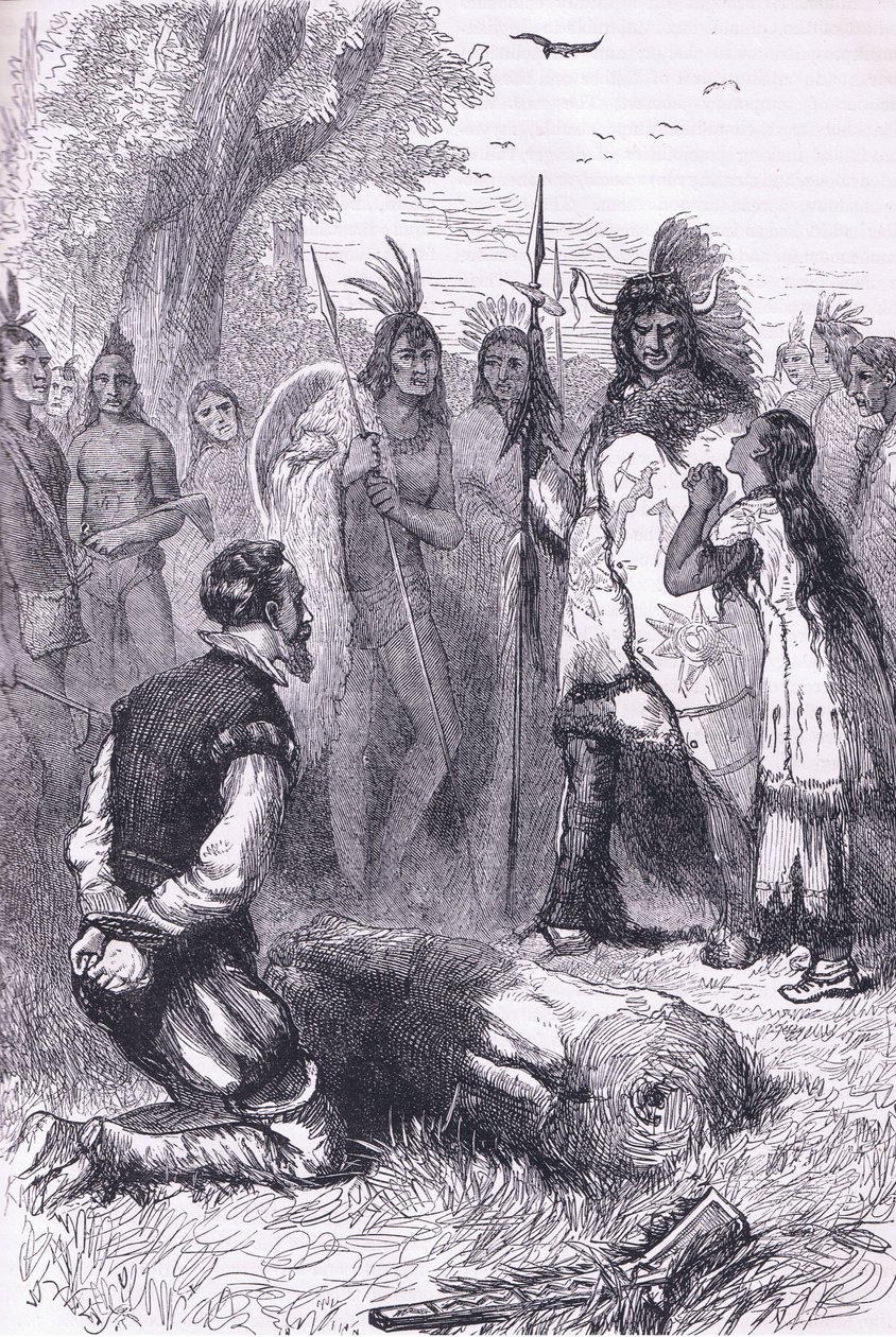 Pocahontas räddar kapten Smiths liv, illustration från Cassell