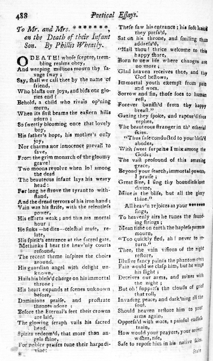 Dikt skriven till ett par om deras barns död av Phillis Wheatly, publicerad i Boston Magazine, 1783-84 (tryckt) av American School