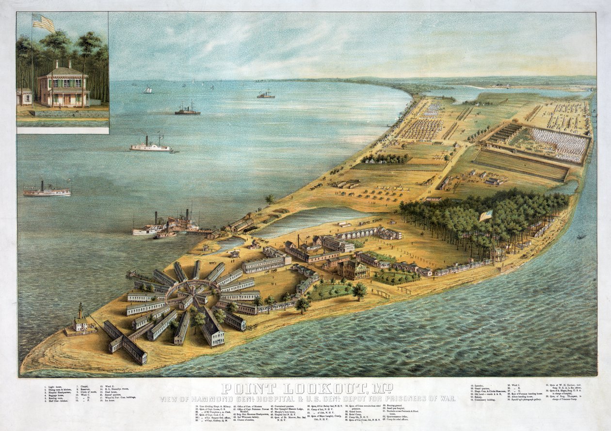 Point Lookout, MD - View of Hammond General Hospital och U.S. General Depot for Prisoners of War, pub. 1864 av American School