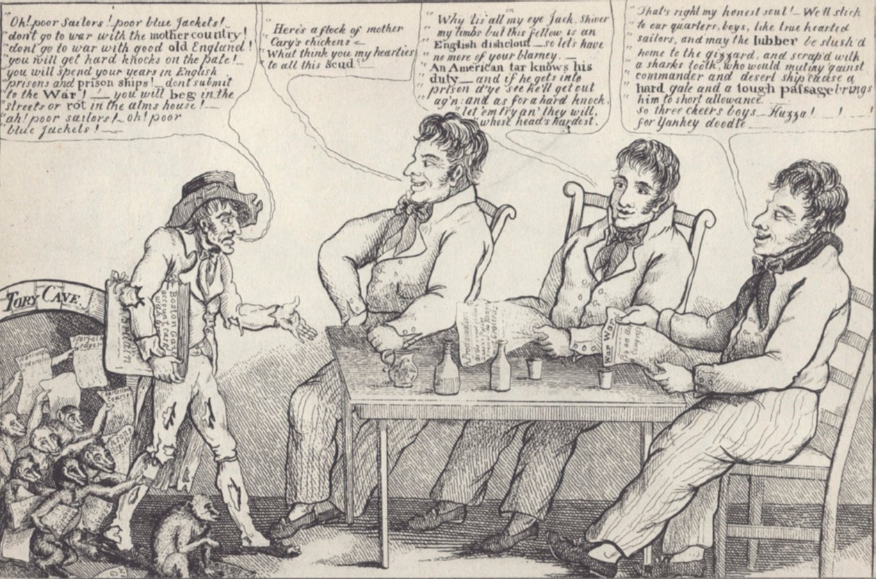 Politisk tecknad film på kvällen före kriget 1812, ca 1812 (litho) av American School