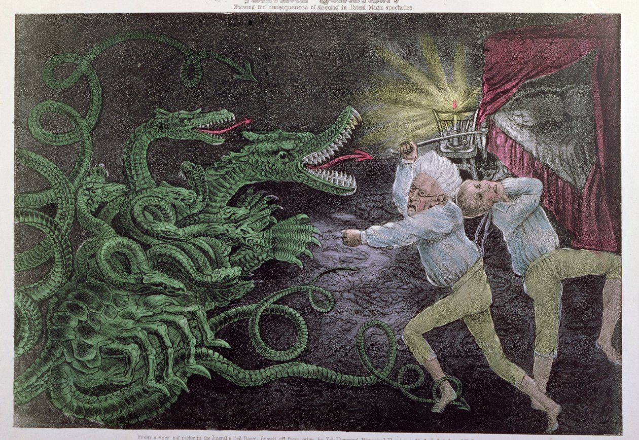 Politisk Quixotism: The Diplomatic Hercules attacking the Political Hydra, publicerad av Bisbee, ca 1833 av American School