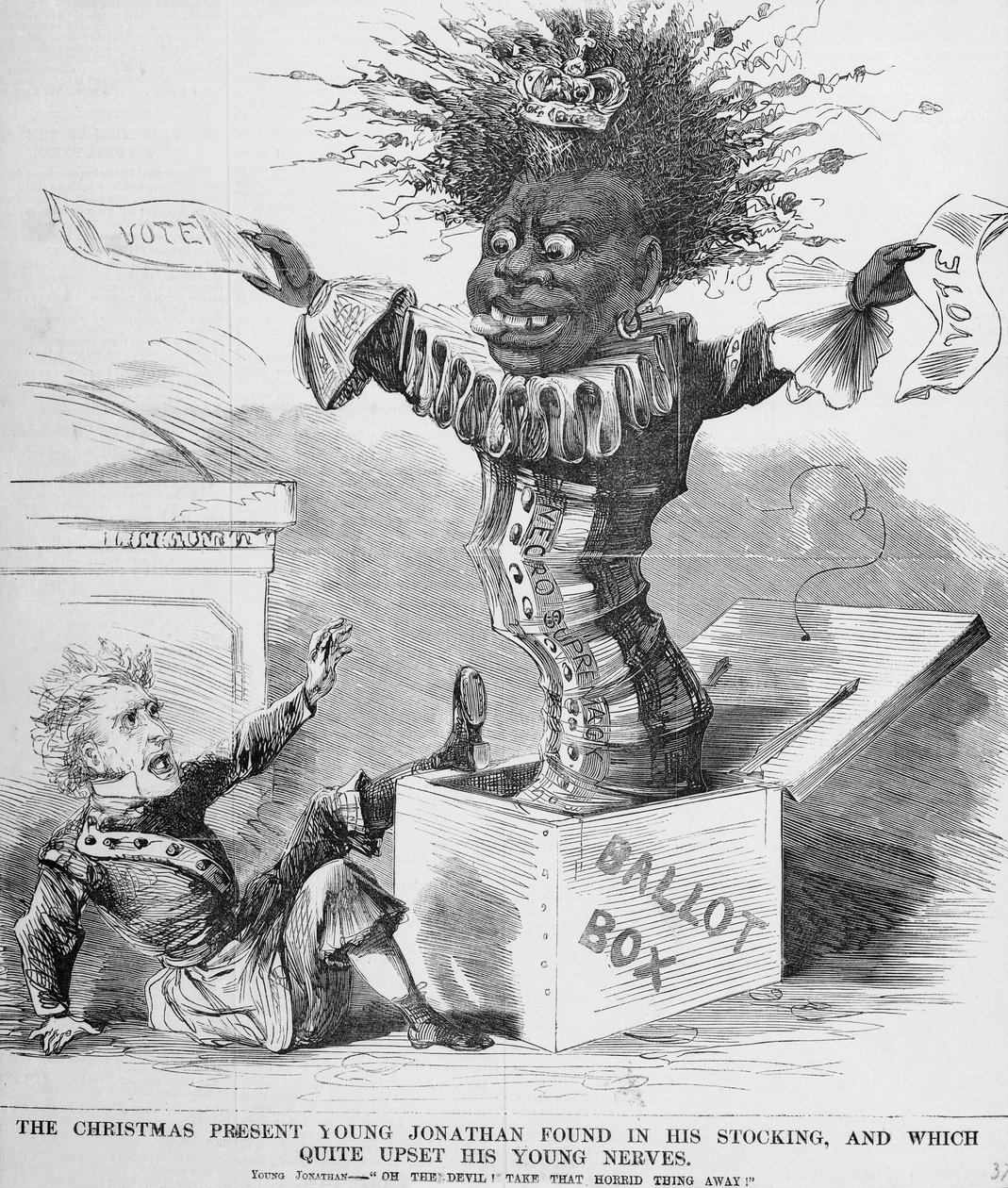Politisk tecknad serie som skildrar president Andrew Jackson (1767-1845) som skräms av utsikten till svarta röster i Amerika av American School