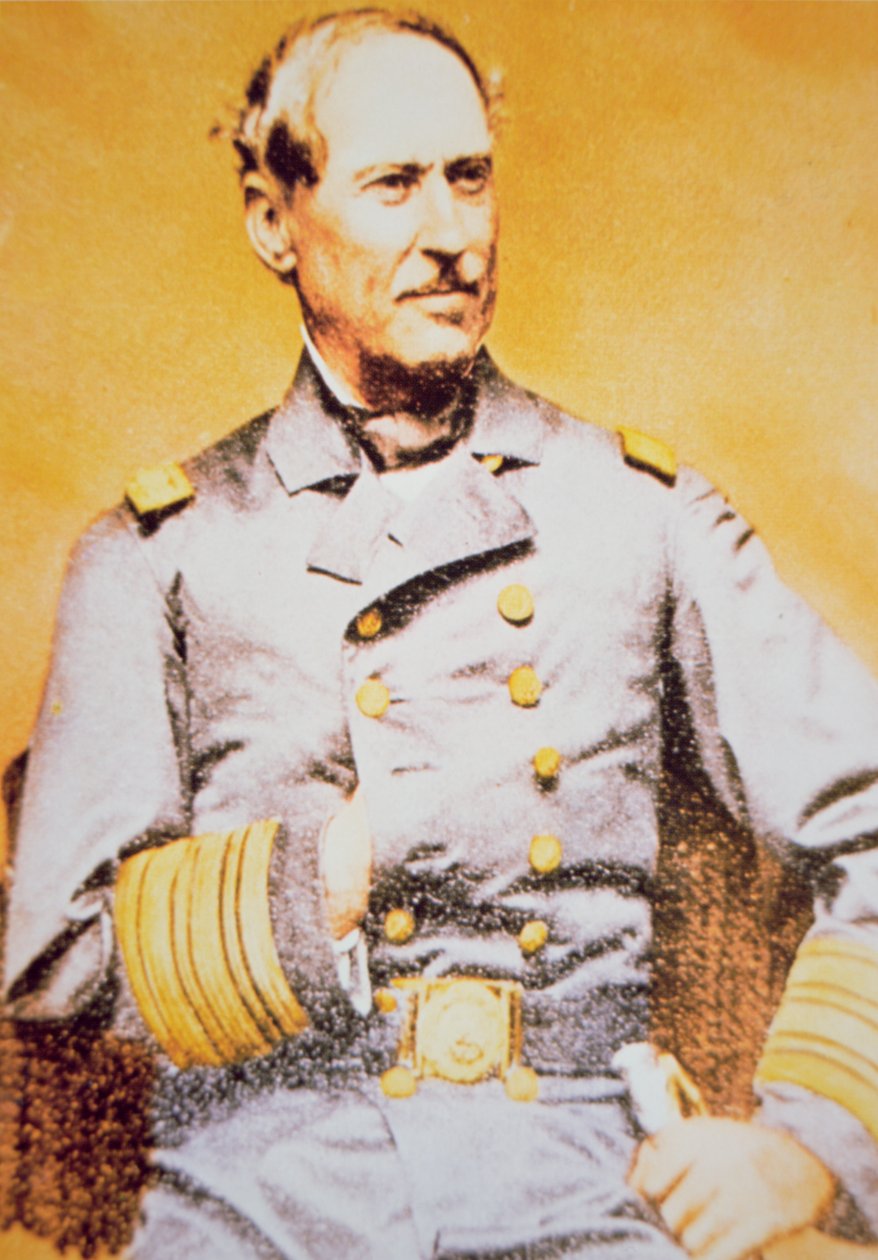 Porträtt av David Glasgow Farragut (1801-70), unionsamiral (lito i färg) av American School