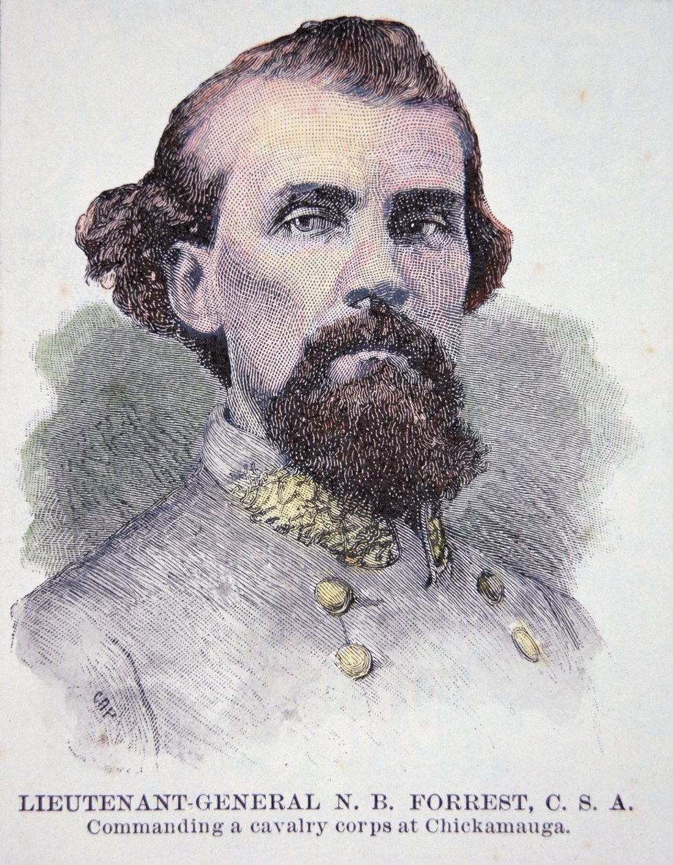 Porträtt av generallöjtnant Nathan B. Forrest (1821-77) (litho) av American School