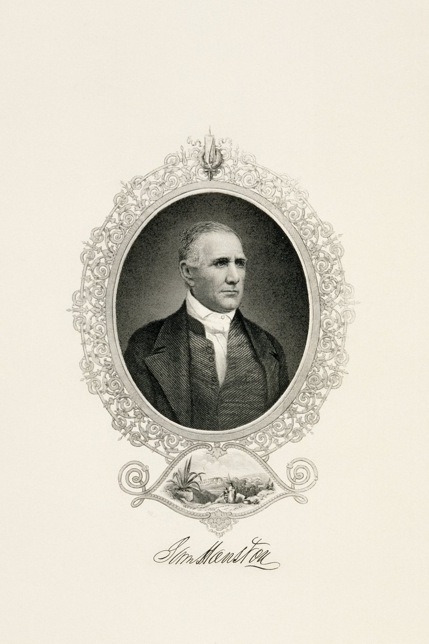 Porträtt av Sam Houston med stadsutsikt, ca. 1855-c. 1860 (stål-faced gravyr på vävt papper) av American School