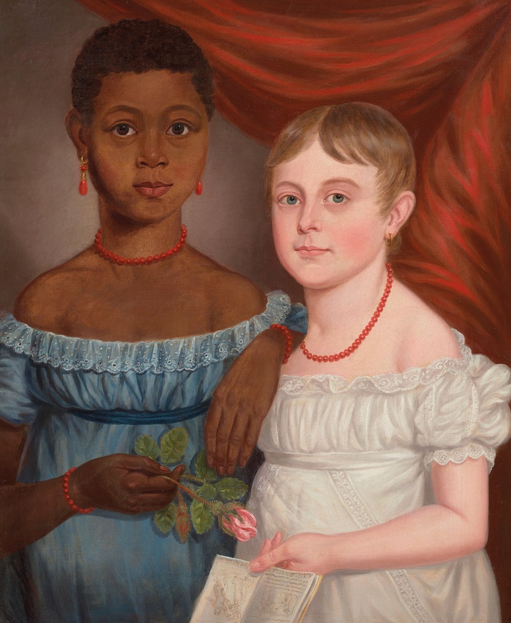 Porträtt av två flickor, tidigt 1800-tal (olja på duk) av American School