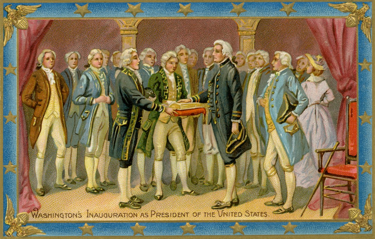 Vykort föreställande George Washingtons presidentinvigning (tryck) av American School
