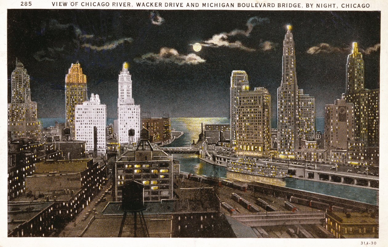 Vykort av Chicago på natten, c.1930 av American School