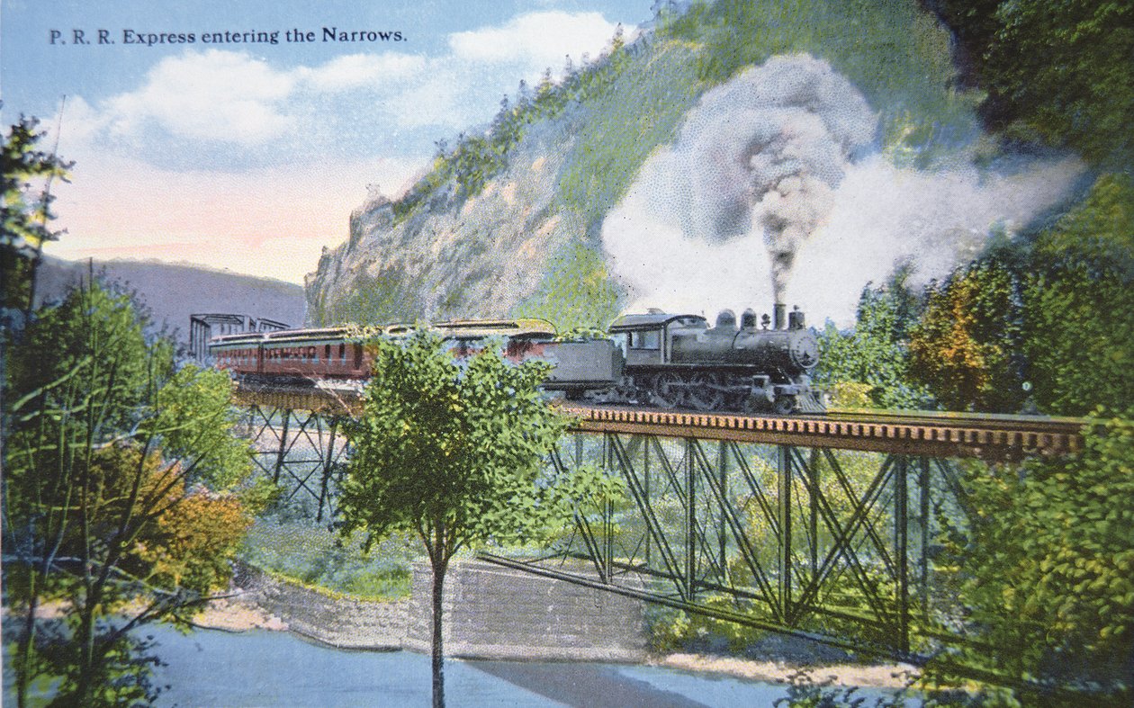 Vykort av en Pennsylvania Railroad Express som går in i Narrows i Cumberland, Maryland, c.1910 (färg litho) av American School