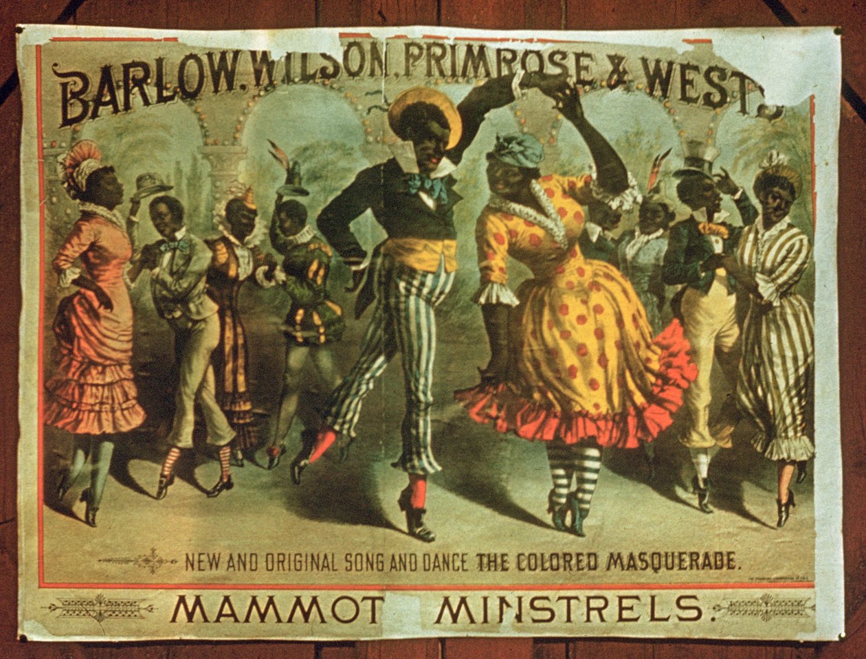Affischreklam för Barlow, Wilson, Primrose och Wests Mammot Minstrels Colored Masquerade av American School