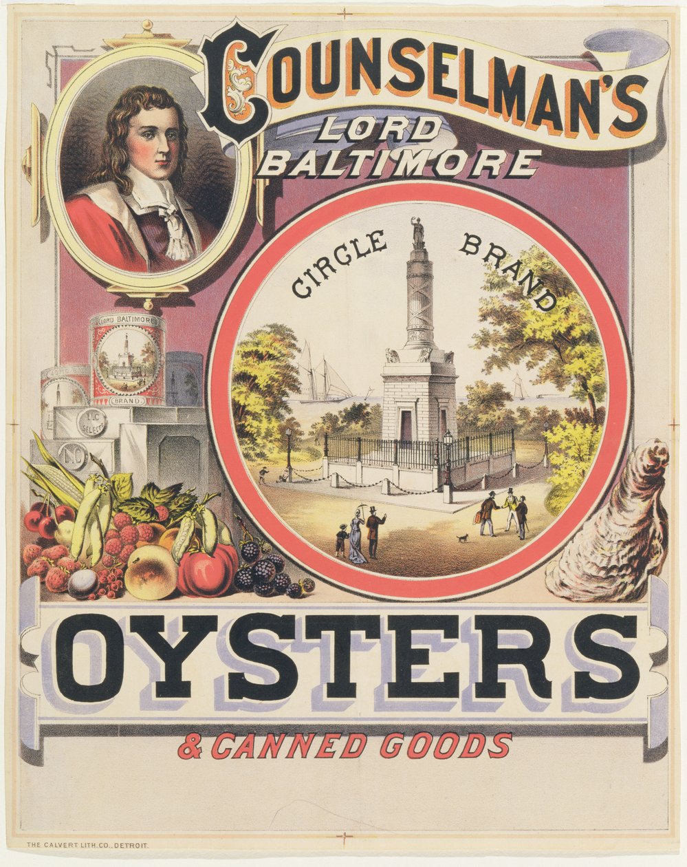 Affischreklam Counselmans Lord Baltimore Circle Brand ostron och konserver av American School