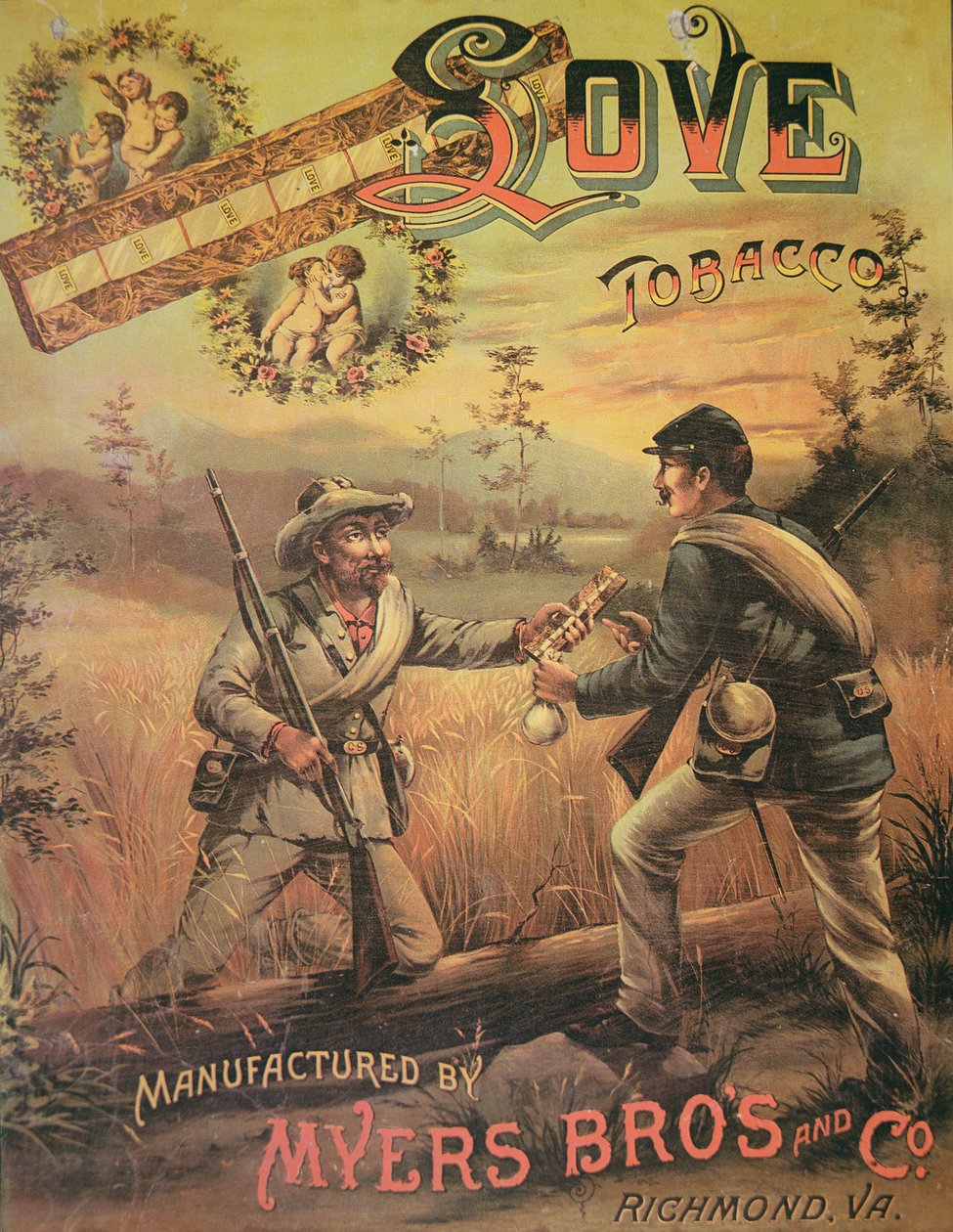Affisch som annonserar "Love Tobacco" tillverkad av Myers Bros. & Co., Richmond, Virginia av American School