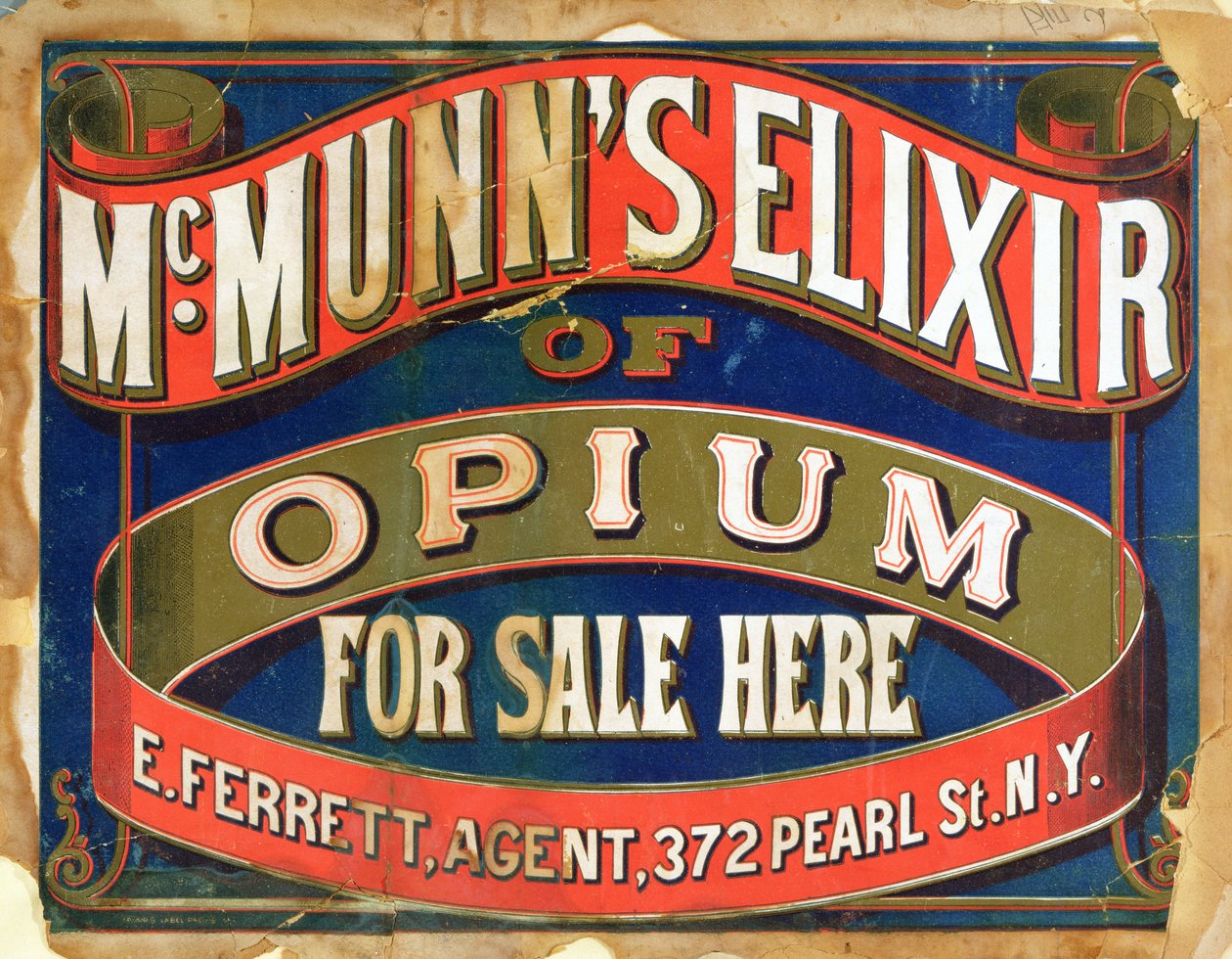 Affisch som annonserar McMunns Elixir of Opium av American School