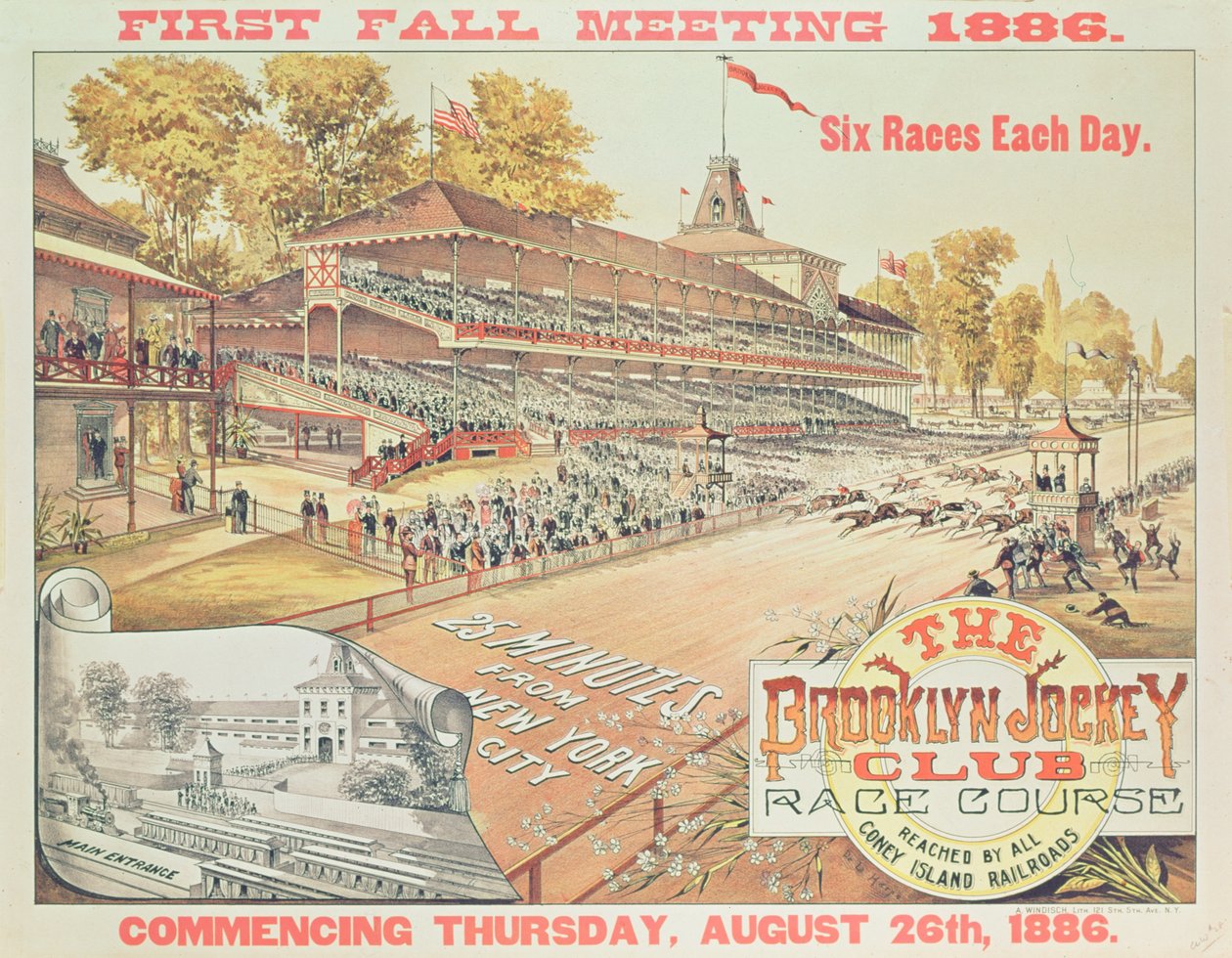 Affisch som annonserar Brooklyn Jockey Club Race Course, 1886 av American School