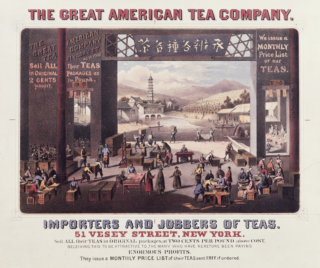 Affisch som annonserar The Great American Tea Company, Importers and Jobbbers of Teas av American School