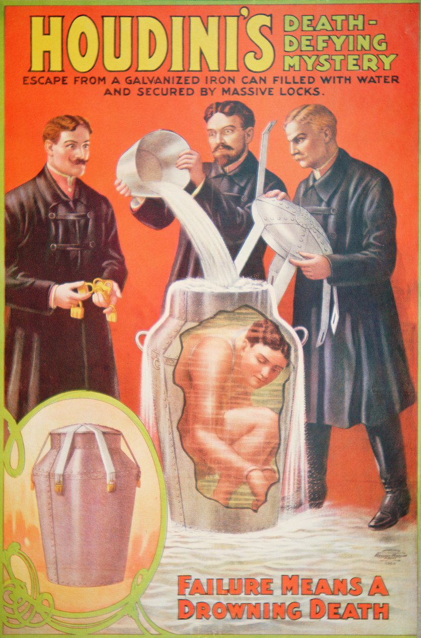 Affisch som annonserar en ny akt av Houdini (färg litho) av American School