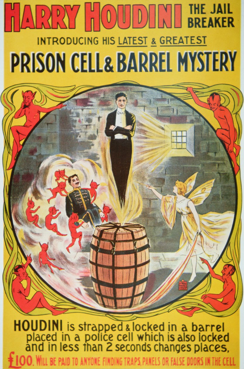 Affisch som annonserar en ny akt av Houdini (färg litho) av American School