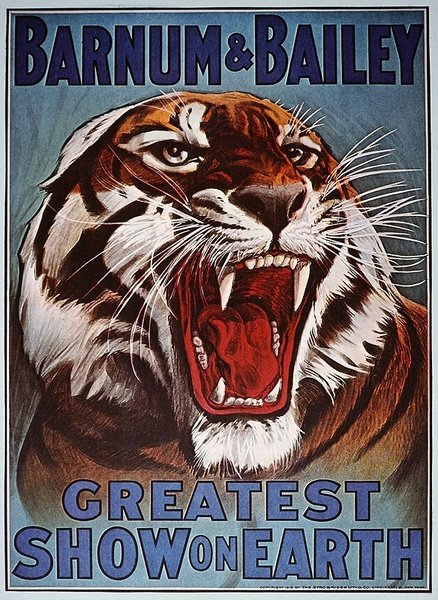 Affisch som annonserar "Barnum & Bailey Greatest Show on Earth", ca 1910 (lito i färg) av American School