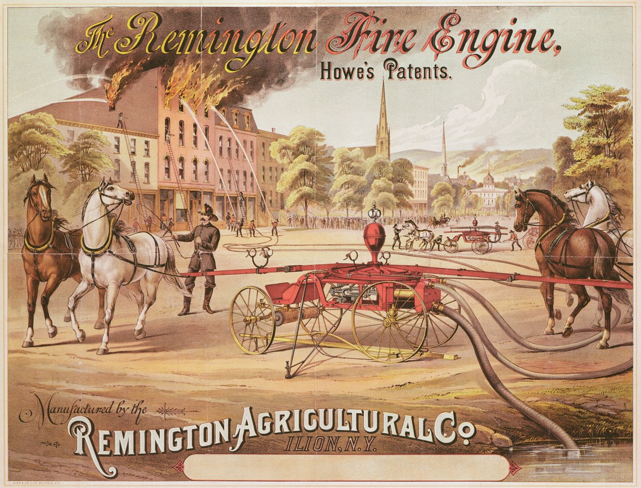Affisch som annonserar Remington Fire Engine tillverkad av Remington Agricultural Company, ca 1890 av American School