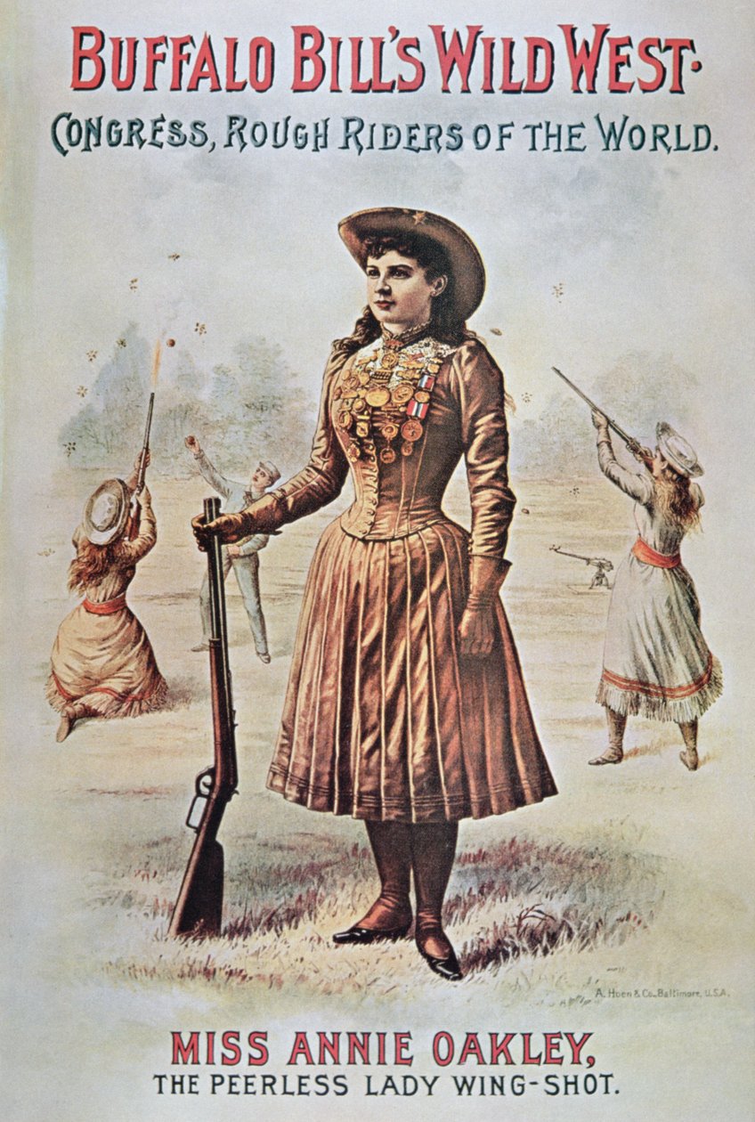 Affisch för Buffalo Bills (1846-1917) Wild West Show, med Annie Oakley (1860-1926) c.1899 (lito i färg) av American School
