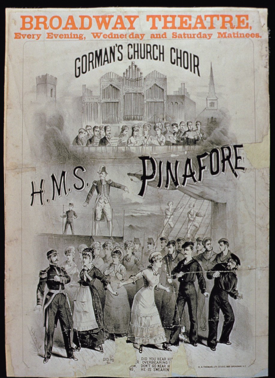 Affisch för HMS Pinafore, framförd av Gormans kyrkokör på Broadway Theatre av American School