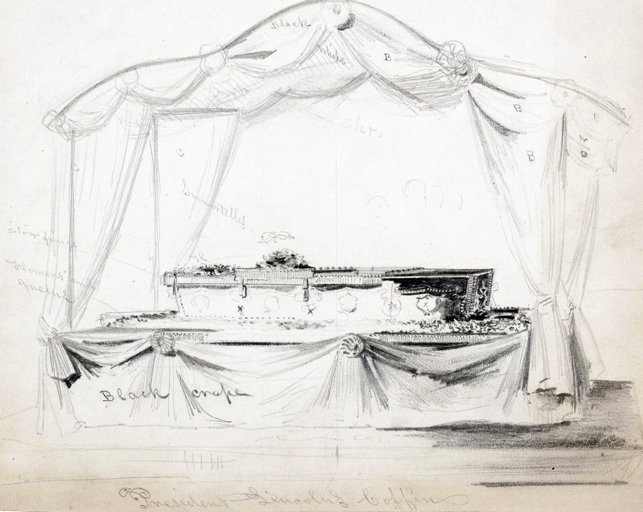 President Abraham Lincolns kista ligger i staten i Vita huset, Washington D.C., april 1865 (penna, bläck och tvätt på papper) av American School