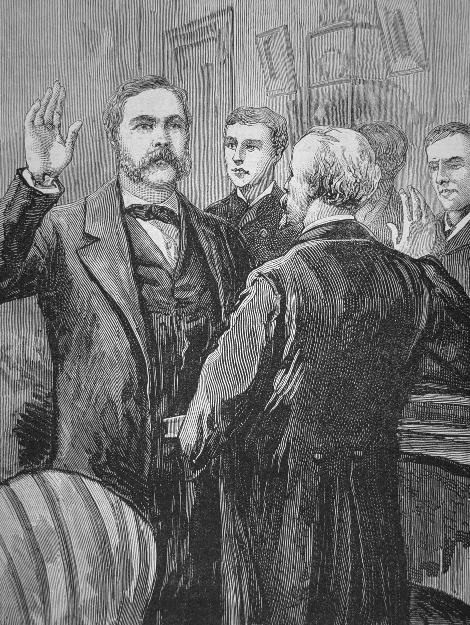 President Chester A. Arthur avlade ed efter James Garfields död den 20 september 1881 (litho) av American School