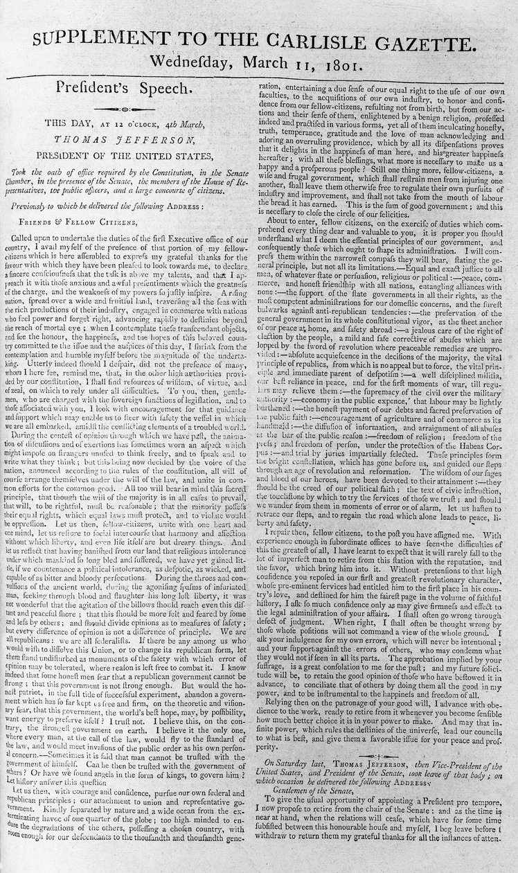 President Jeffersons invigningstal, tillägg till Carlisle Gazette, 11 mars 1801 av American School