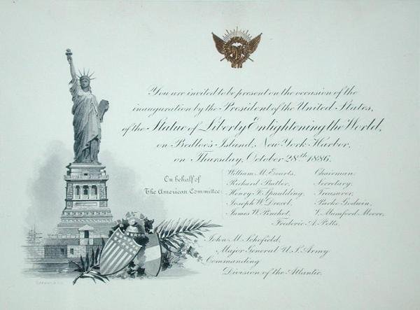 Presidentinbjudan till invigningen av Frihetsgudinnan, torsdagen den 28 oktober 1886 (gravyr) av American School