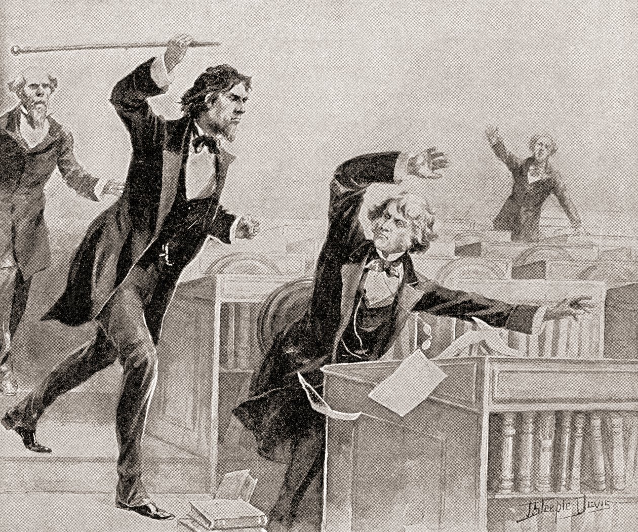 Preston Smith Brooks, en ivrig förespråkare för slaveri, anföll senator Charles Sumner, en abolitionist, med en käpp på golvet i den amerikanska senaten, den 22 maj av American School