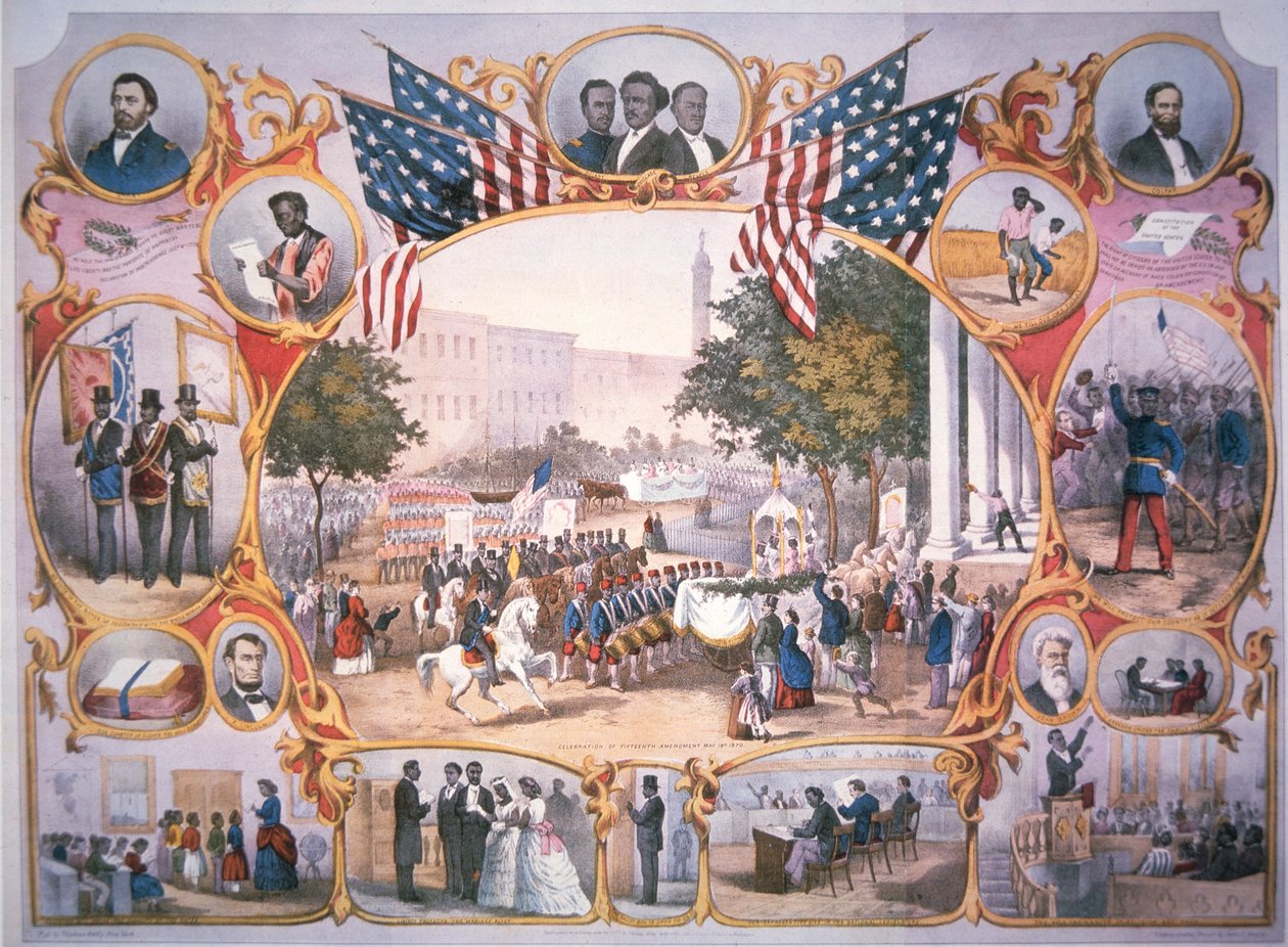 Tryck till minne av "The 15th Amendment" som ger rösträtt till alla medborgare i USA den 19 maj av American School