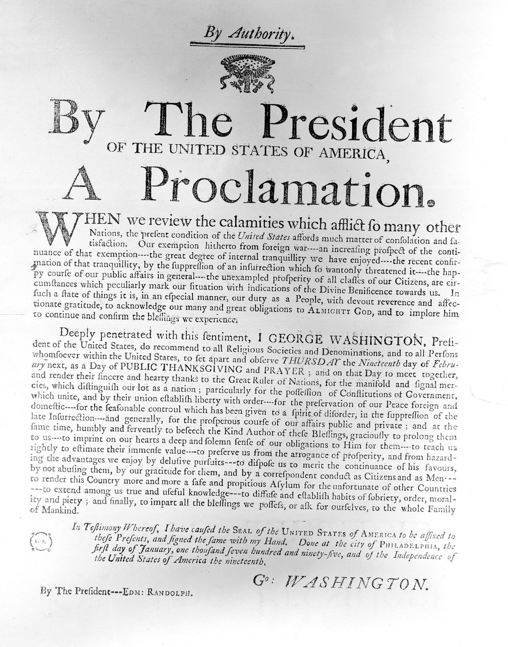 Tillkännagivande från president George Washington (1732-1799) som utser torsdagen den 19 februari till en dag för offentlig tacksägelse och bön, 1795 (tidningspapper) av American School
