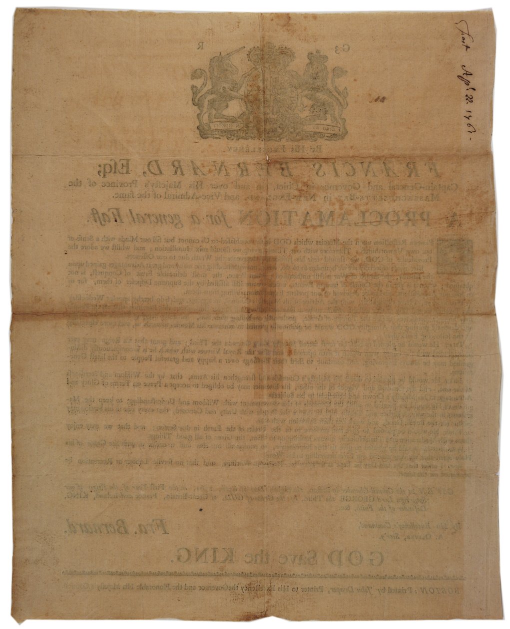 Tillkännagivande i namn av Francis Bernard, guvernör i Massachusetts Bay: tillkännager en fastedag under det franska och indiska kriget, den 8 april 1761 av American School