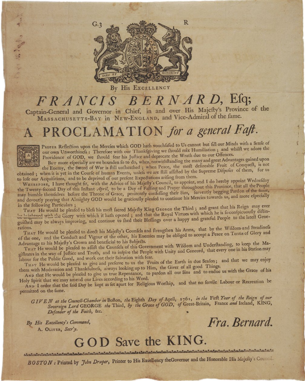 Tillkännagivande i namn av Francis Bernard, guvernör i Massachusetts Bay: tillkännager en fastedag under det franska och indiska kriget, den 8 april 1761 av American School