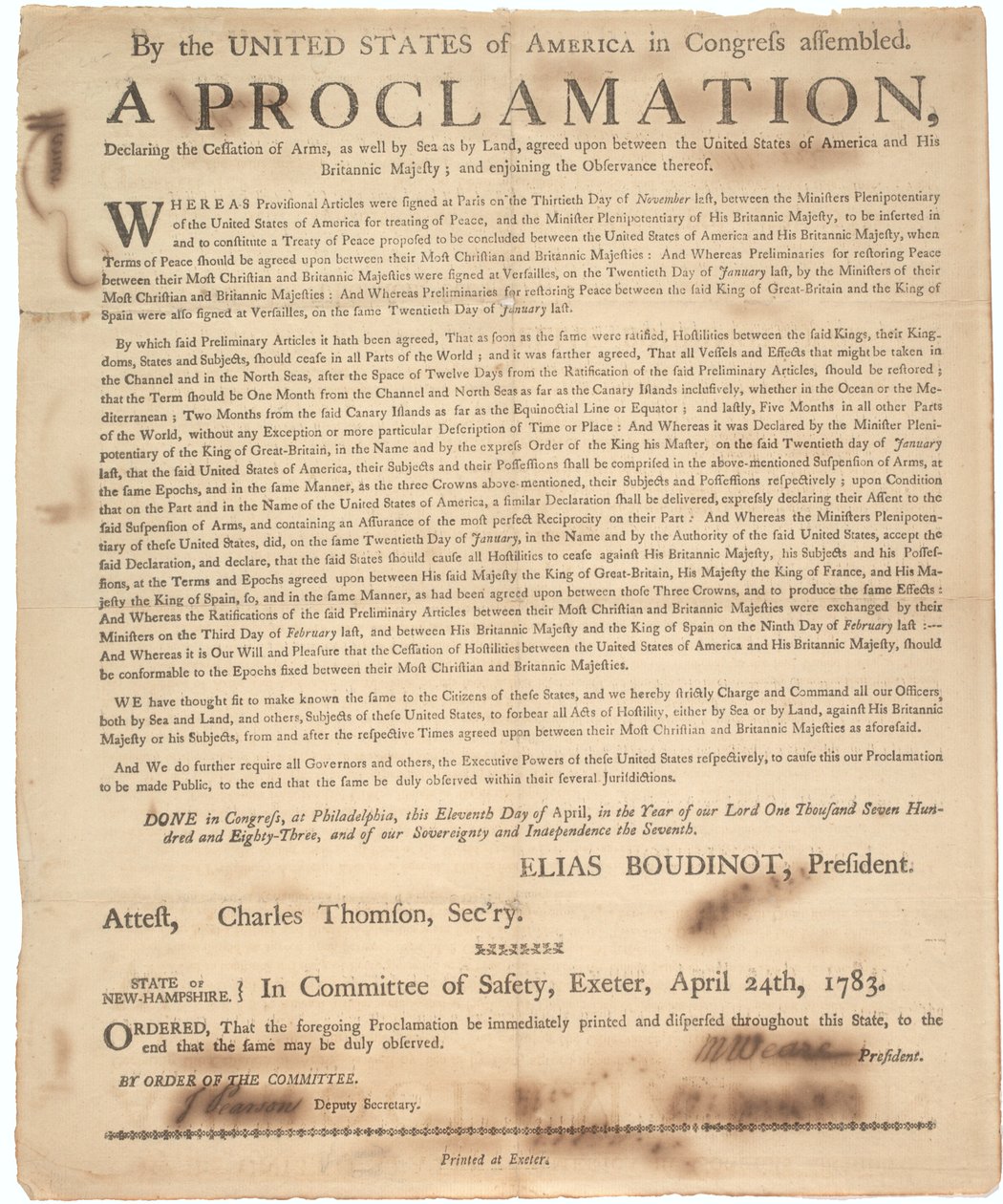 Tillkännagivande av kongressen som förklarar vapenupphörande och krigsslut, 24 april 1783 av American School
