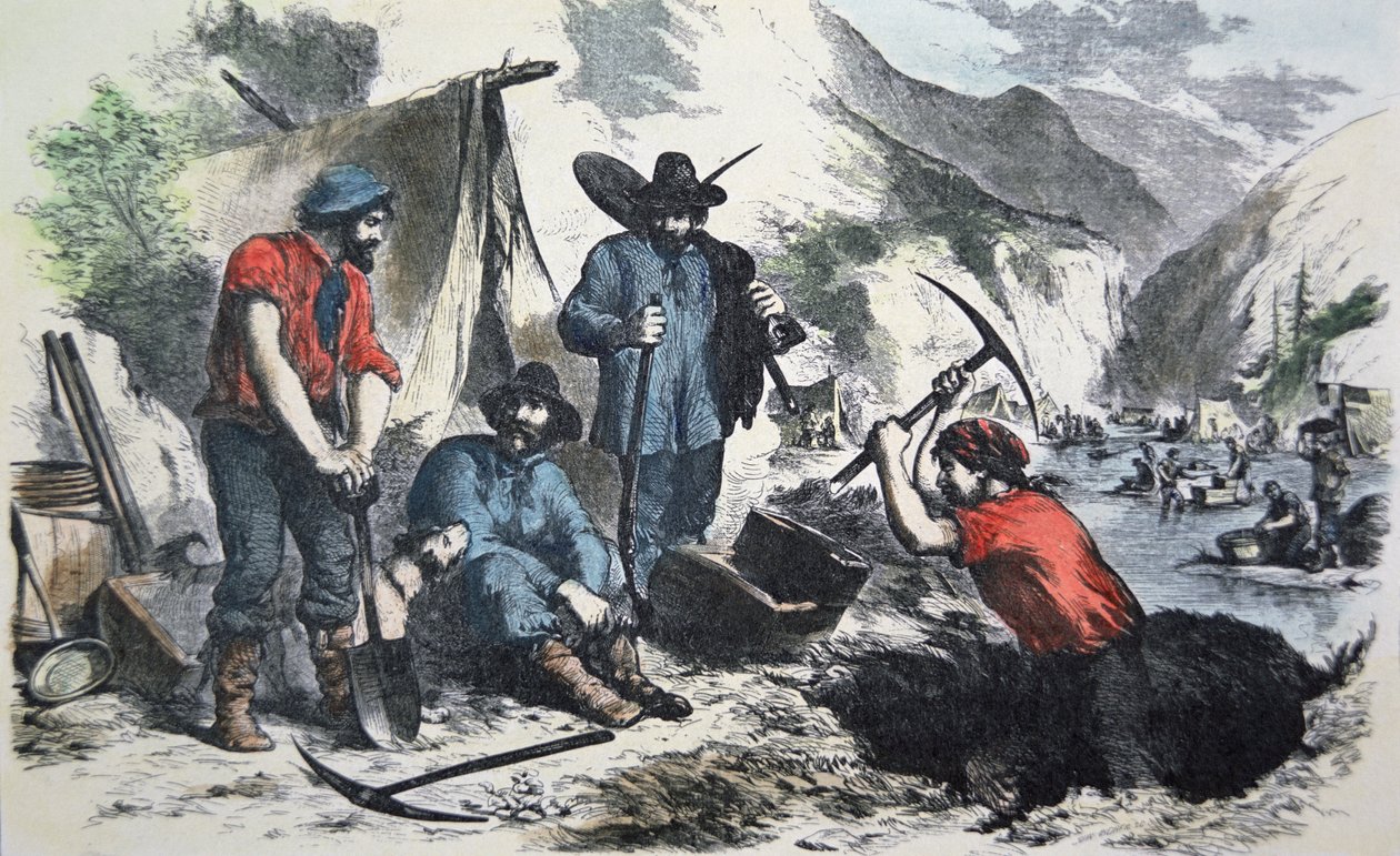 Prospektörer under Kaliforniens guldrush 1849 (färg litho) av American School