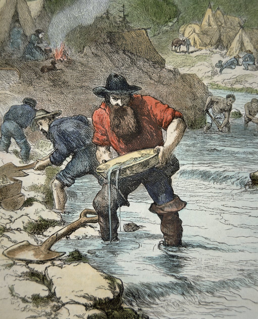 Prospektörer som panorerar efter guld under det kaliforniska guldrushen 1849 (färgad gravyr) av American School