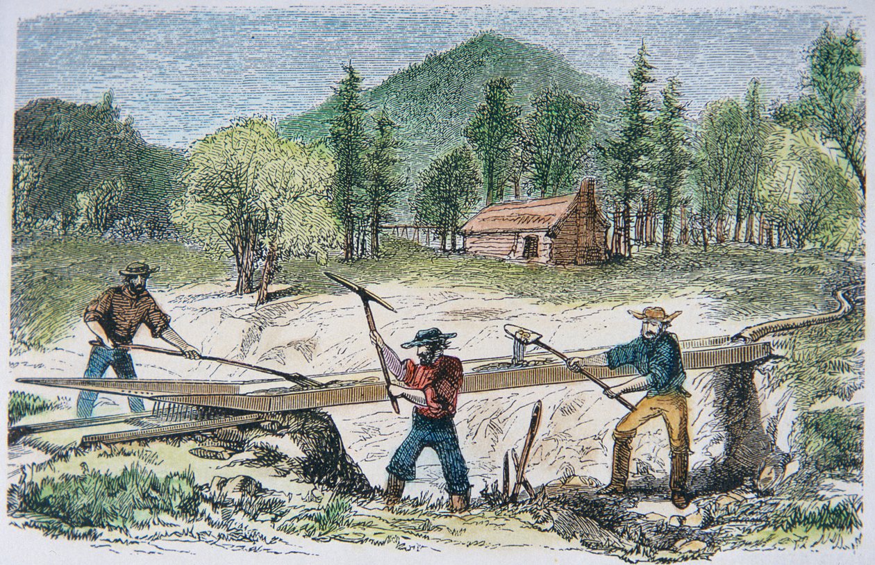 Prospektörer som använder en sluss under guldrushen i Kalifornien 1849 (färg litho) av American School