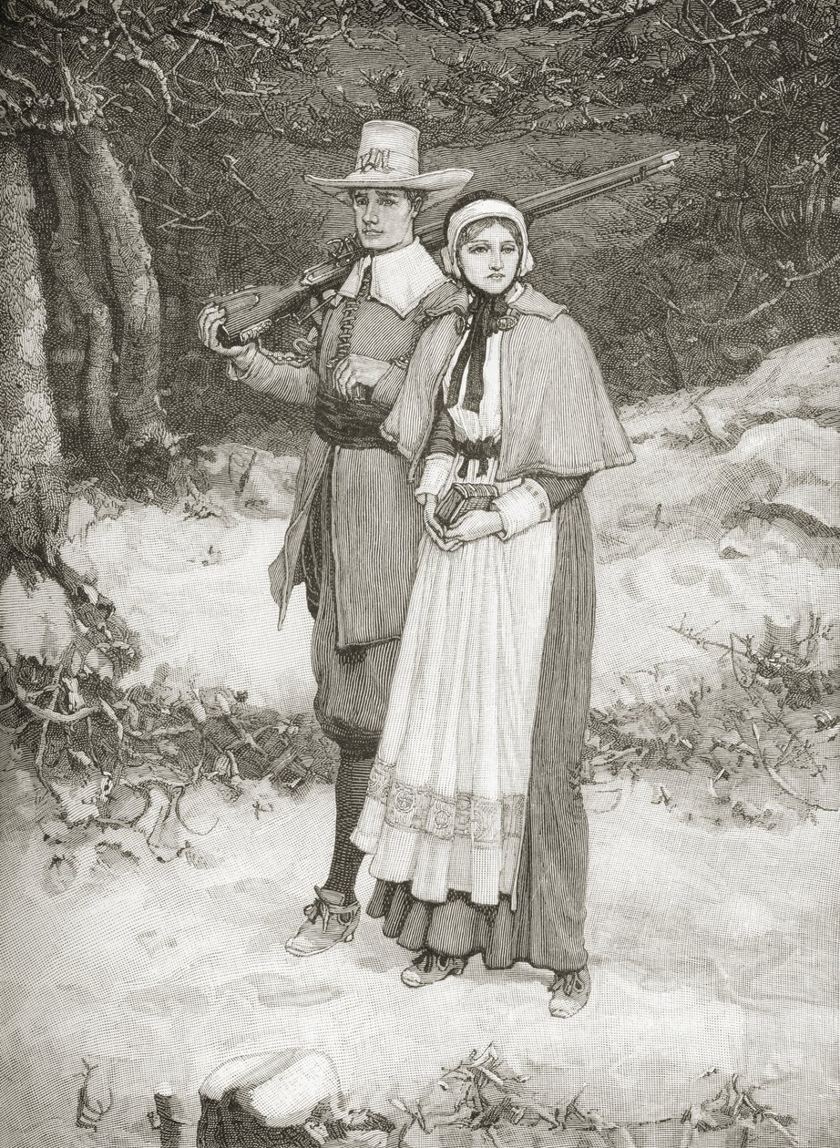 Puritanerna går till kyrkan, från "A Brief History of the United States", utgiven av A. S. Barnes und Co. 1885. av American School