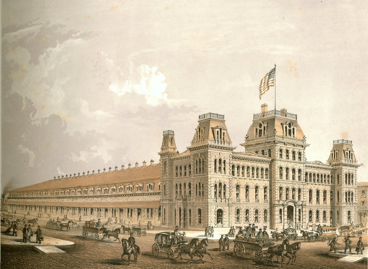 Railroad Depot, från Chicago Illustrated, med litterära beskrivningar av James W. Sheahan, publicerad av Jevne & Almini, Chicago, 1866-67 av American School