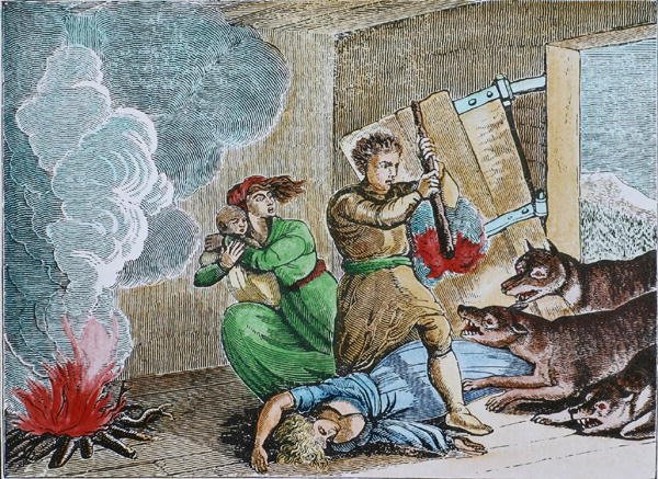 Glupande vargar invaderar en pionjärs stuga (färgad gravyr) av American School