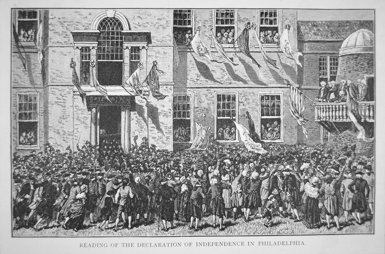 Läser självständighetsförklaringen till invånarna i Philadelphia, 8 juli 1776 (litho) av American School