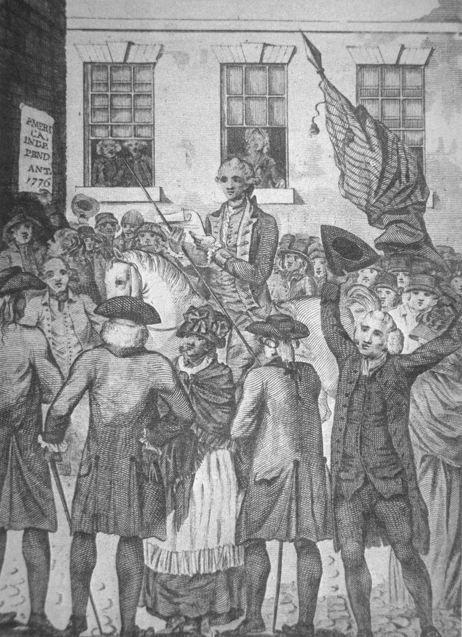 Läser självständighetsförklaringen för allmänheten 1776 (litho) av American School