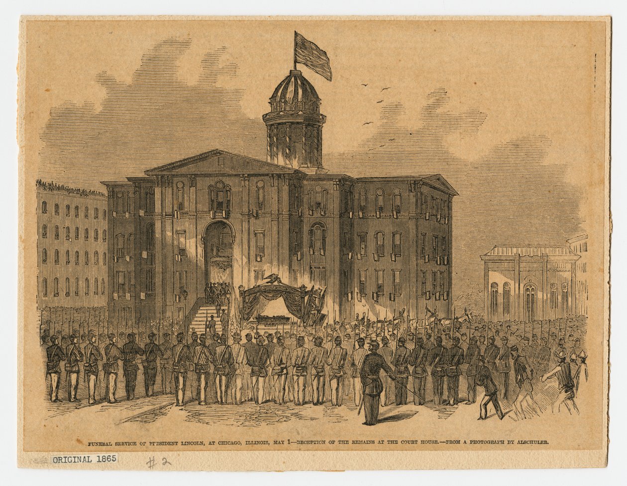 Mottagning på domstolsbyggnaden under Abraham Lincolns begravning, Chicago, Illinois av American School