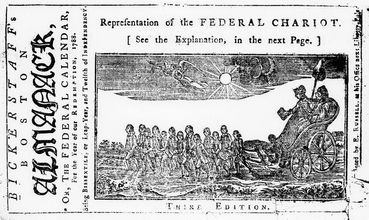 Representation of the Federal Chariot, omslagsillustration från Bickerstaffs Boston Almanack, publicerad 1788 av American School